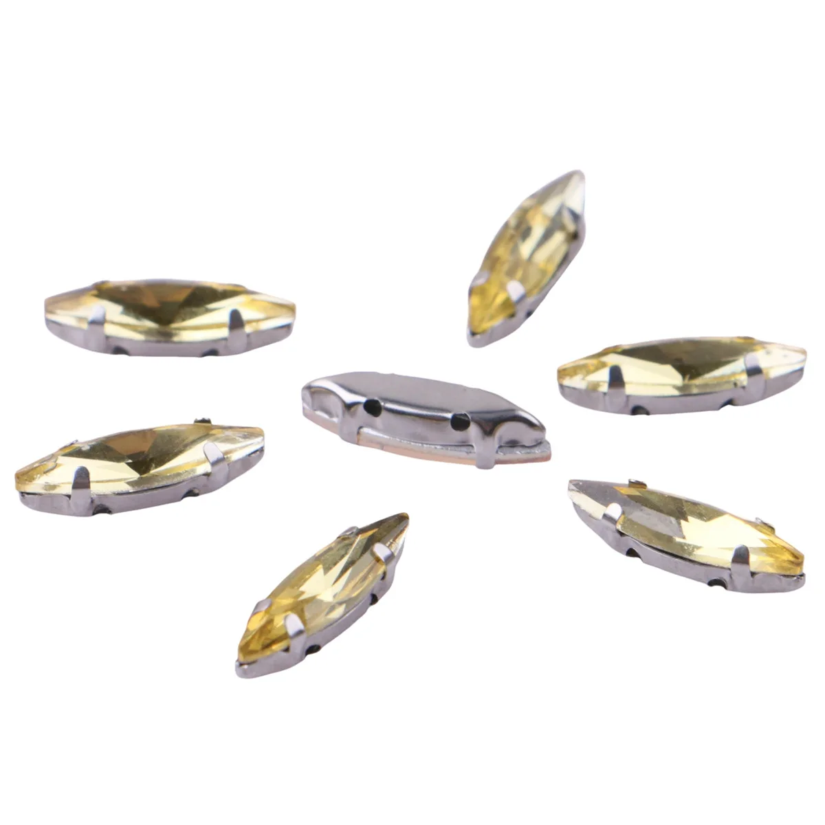 Pack of 20 Glass Sew-On Rhinestones with Claw Setting - Horse Eye Shape on Silver Metal Base