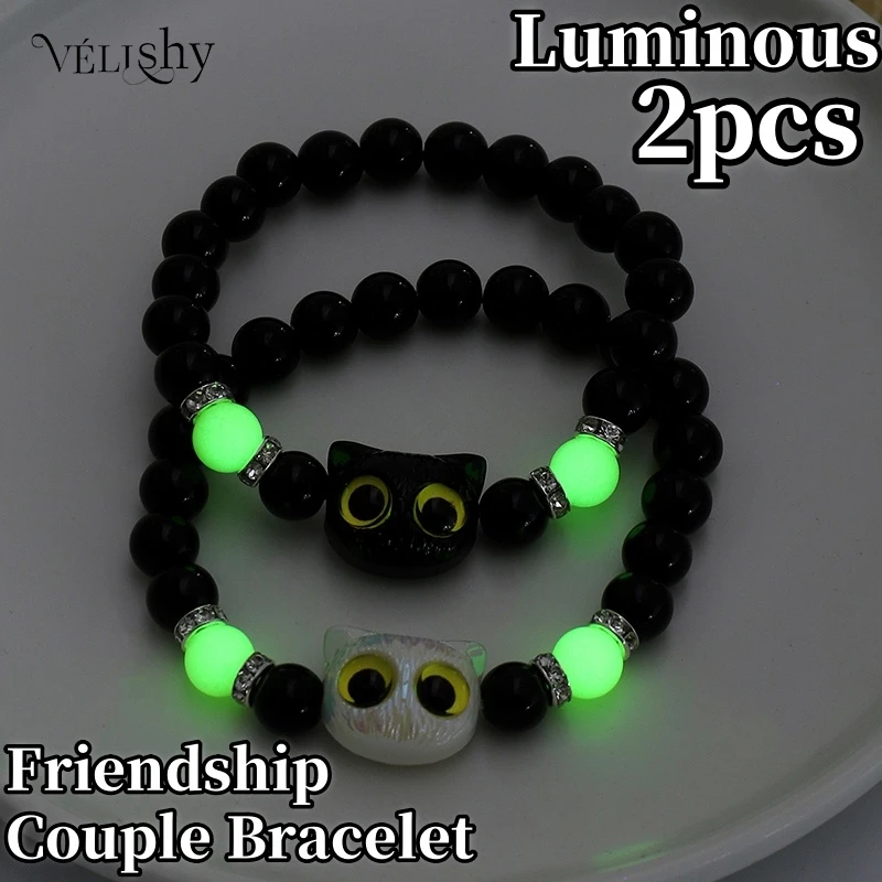 1pair Big Eye Cat Luminous Bracelets For Women Cartoon Animal Pendant Beaded Hand Chain Friendship Couple Bracelet Jewelry Gift