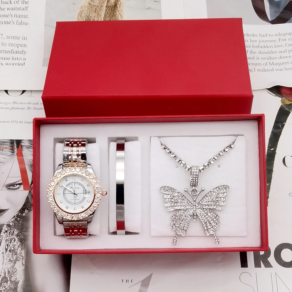 3Pcs Fashion Watch Jewelry Set Diamond Women Luxury Brand Watch Rhinestone Ladies Watches For Women relogio feminino With Box