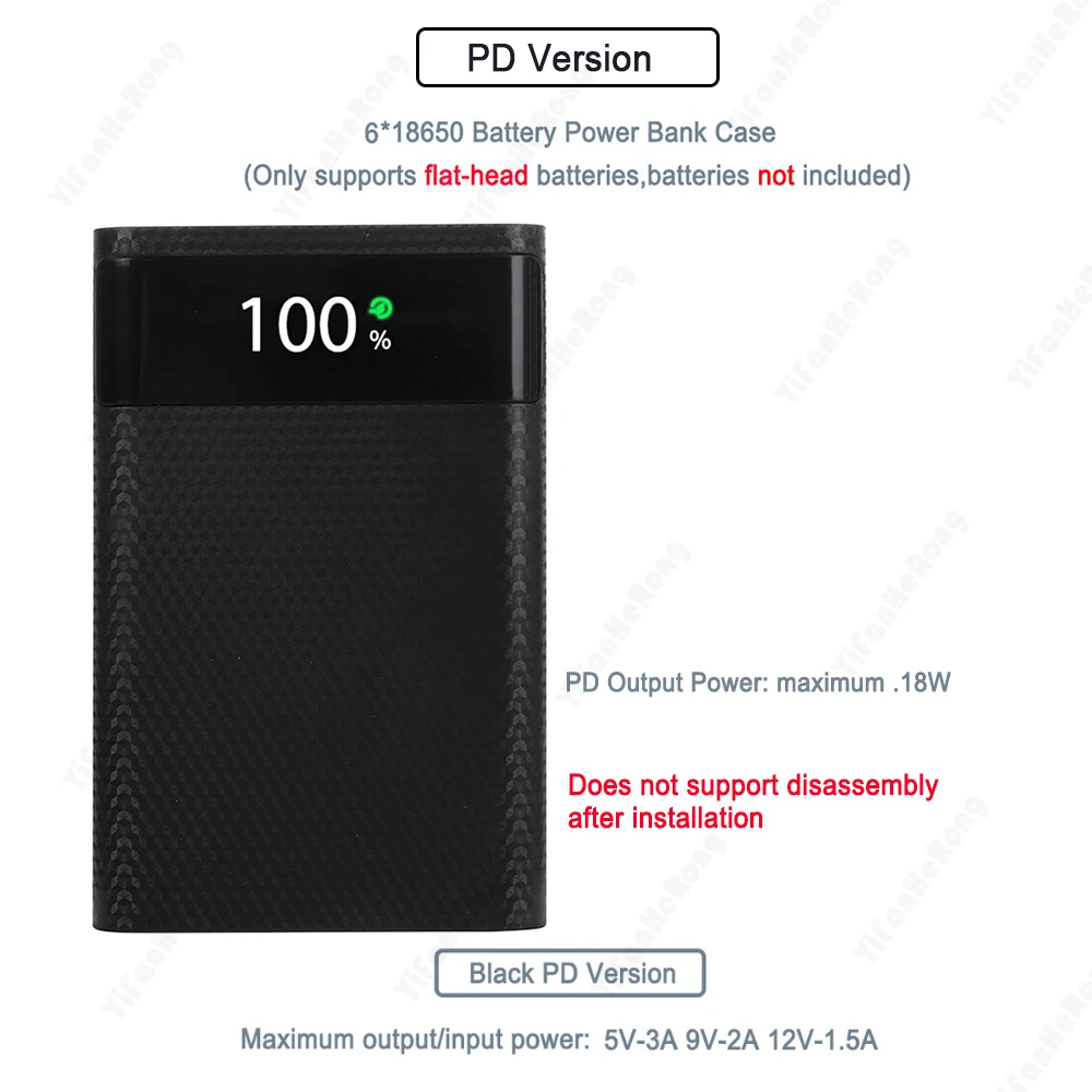 Usb Carregamento Rápido Portátil Externo 5v Faça Você Mesmo 6*18650 Case Power Bank Caixa de Armazenamento de Carregamento da Bateria com Lanterna 20000mah pd 18w - Image 6