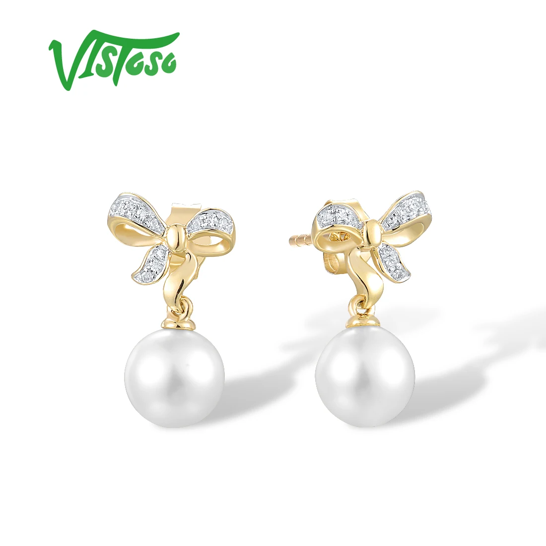 VISTOSO 9K 375 Yellow Gold Earrings For Women Fresh Water White Pearl Diamond Earrings Ribbon Elegant Trendy Gift Fine Jewelry