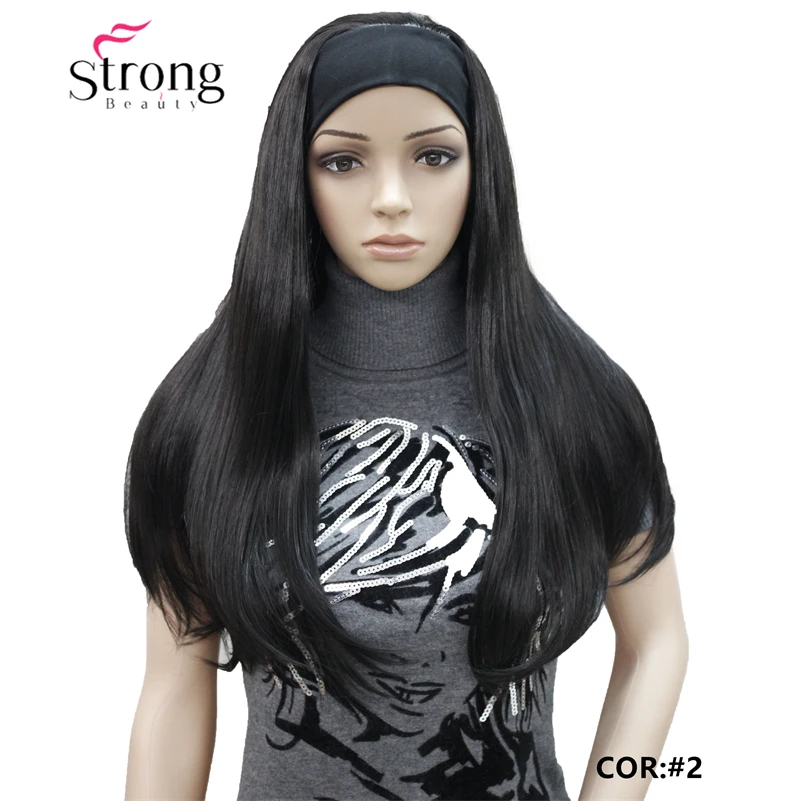 StrongBeauty 긴 3/4 여성용 가발 헤어피스 스트레이트 조정 검은 머리띠 금발 강조 가발 합성 머리