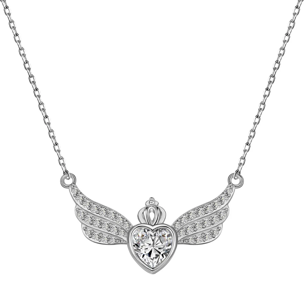 XUYUANFEN Cross Border Live S925 Sterling Silver Necklace, Female Angel Wings, Wings, Love Zircon Crown Pendant, Clawbone
