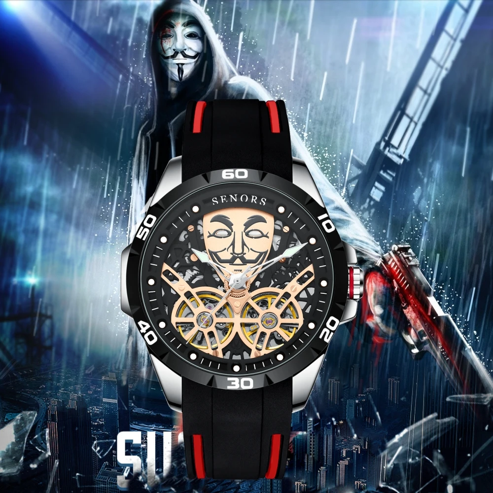 SENORS Men's Mechanical Movement Watch Luxury Automatic Self-Wind Unique Face Design Skeleton Dial Silicone Strap 2022 New Sn207