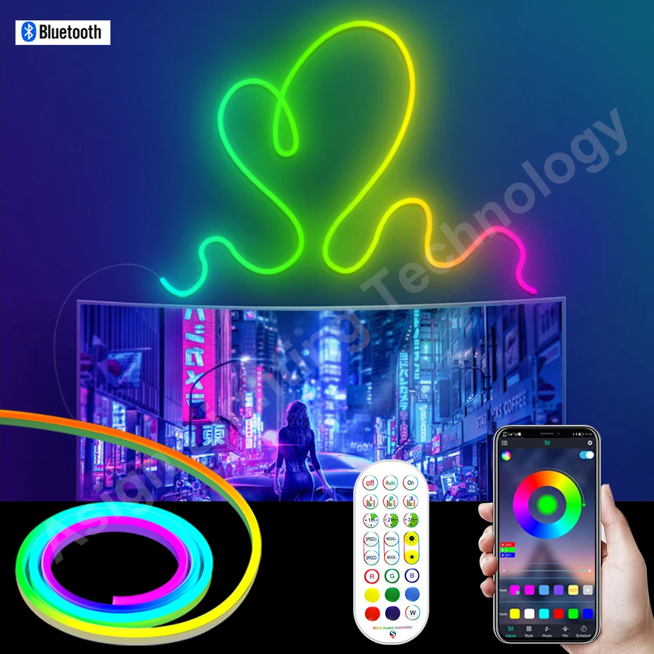 

RGBIC LED Neon Strip 12V 96leds/M Chasing Effect Multicolor with Music Sync Bluetooth App Control IP67 Waterproof Flexible Tape