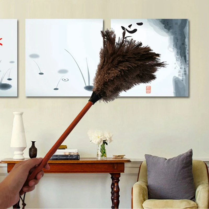 1 PC Feather Duster Wooden Handle Cleaning Tool Household Furniturer