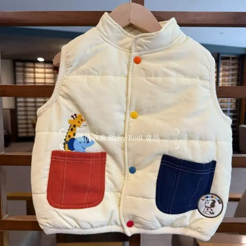 봄 가을 겨울 소년 소녀 귀여운 조끼 따뜻한 면 플리스 안감 두꺼운 귀여운 자수 기린 코끼리 조끼 아동복