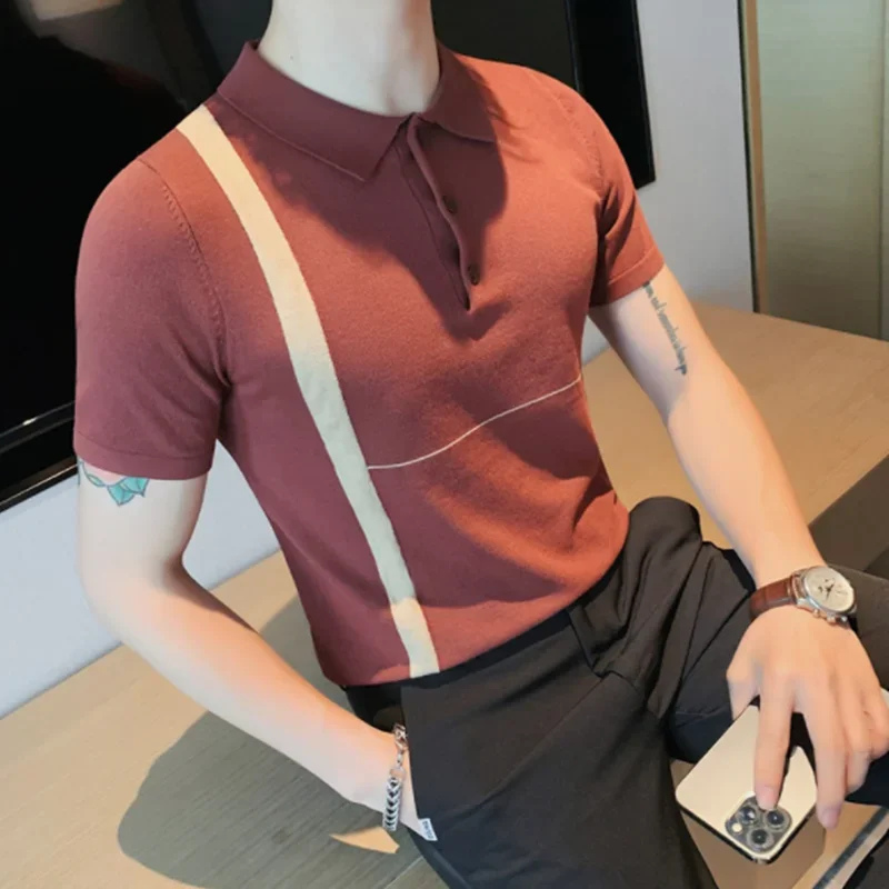 

Summer Breathable Short-sleeved Slim Fashion POLO Shirt Men's Light Luxury Europe and America Simple Style Knitted Ice Silk Top