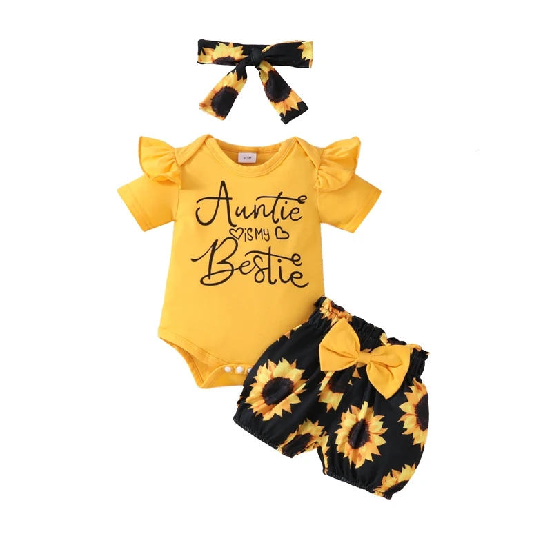 

3Pcs Baby Girl Summer Clothes Letter Print Short Sleeve Bodysuit Romper Sunflower Print Shorts Headband Outfits