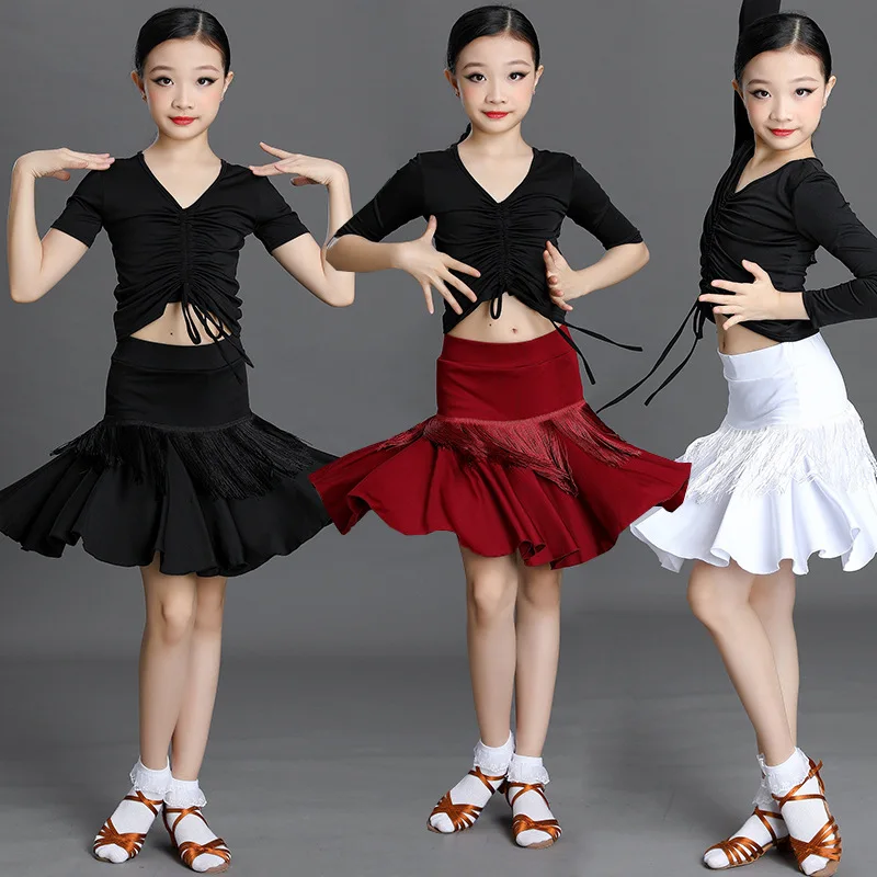 

2024 Kids Girls Tassels Latin Dance Costumes Children Ballroom Dancing Dress ChaCha Rumba Samba Fringed Skirt Practice Costume