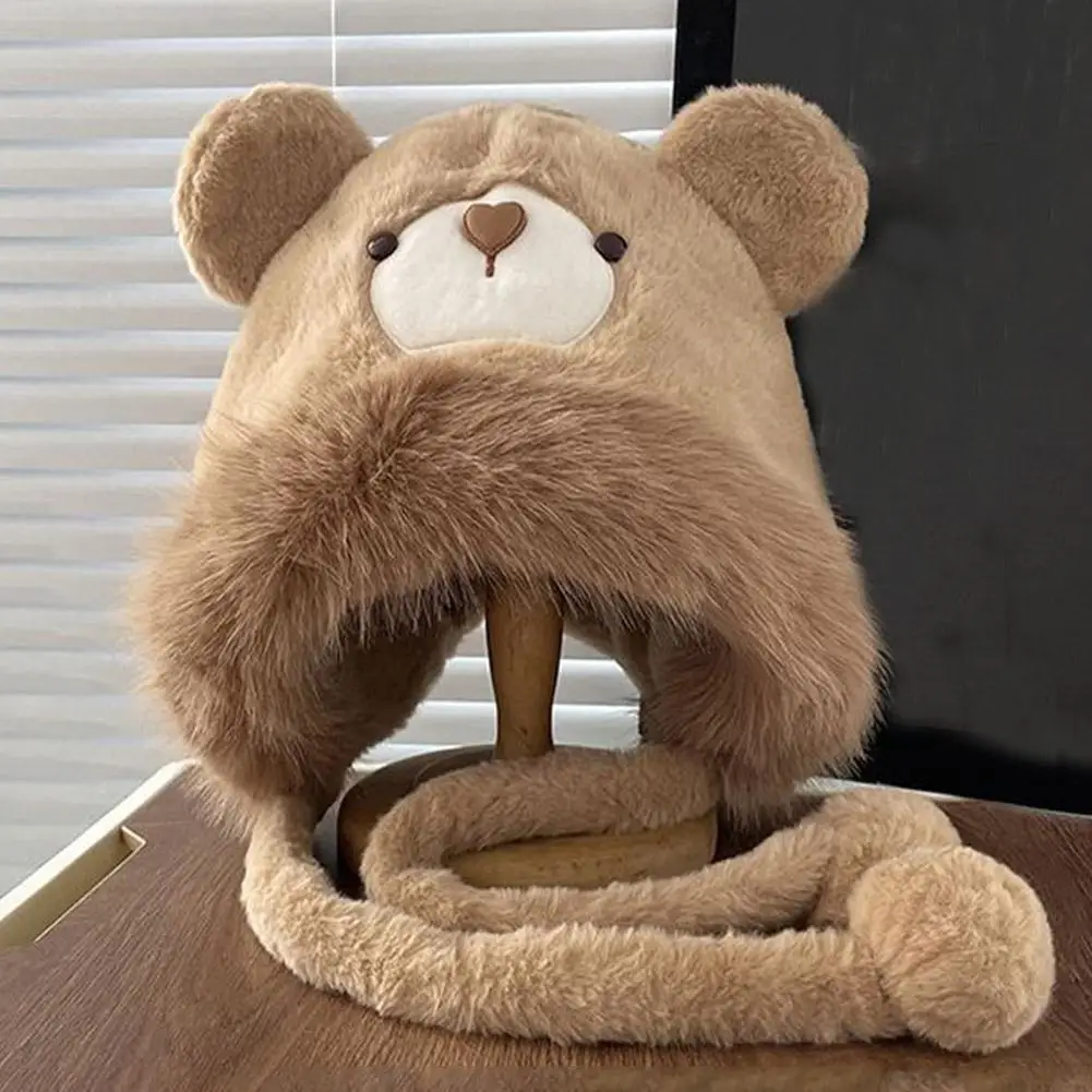 Plush Cute Bear Hat Women's Winter Gloves Fleece-lined Thick Windproof Cold-Proof Warm Beanie Hat Earmuff Headgear Cap Sets