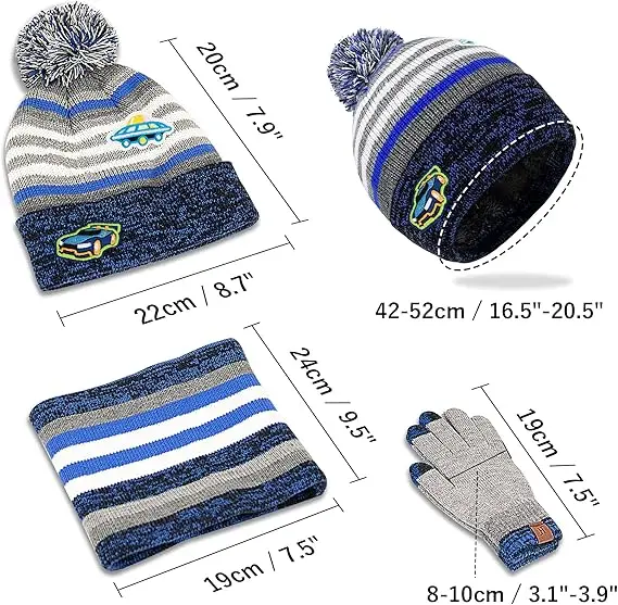 Maylisacc Winter Kids Bobble Hat Scarf Gloves Set with Double Layer Fleece Lining for Boys Girls Aged 3-8, Warm Knitted Pom Pom