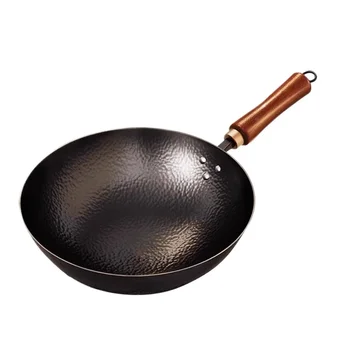 Authentic hand-wrought iron wok old round bottom Zhangqiu fried iron wok coated household frying pan