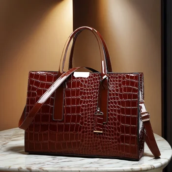 Luxury Crocodile Pattern Leather Tote Bag for Women