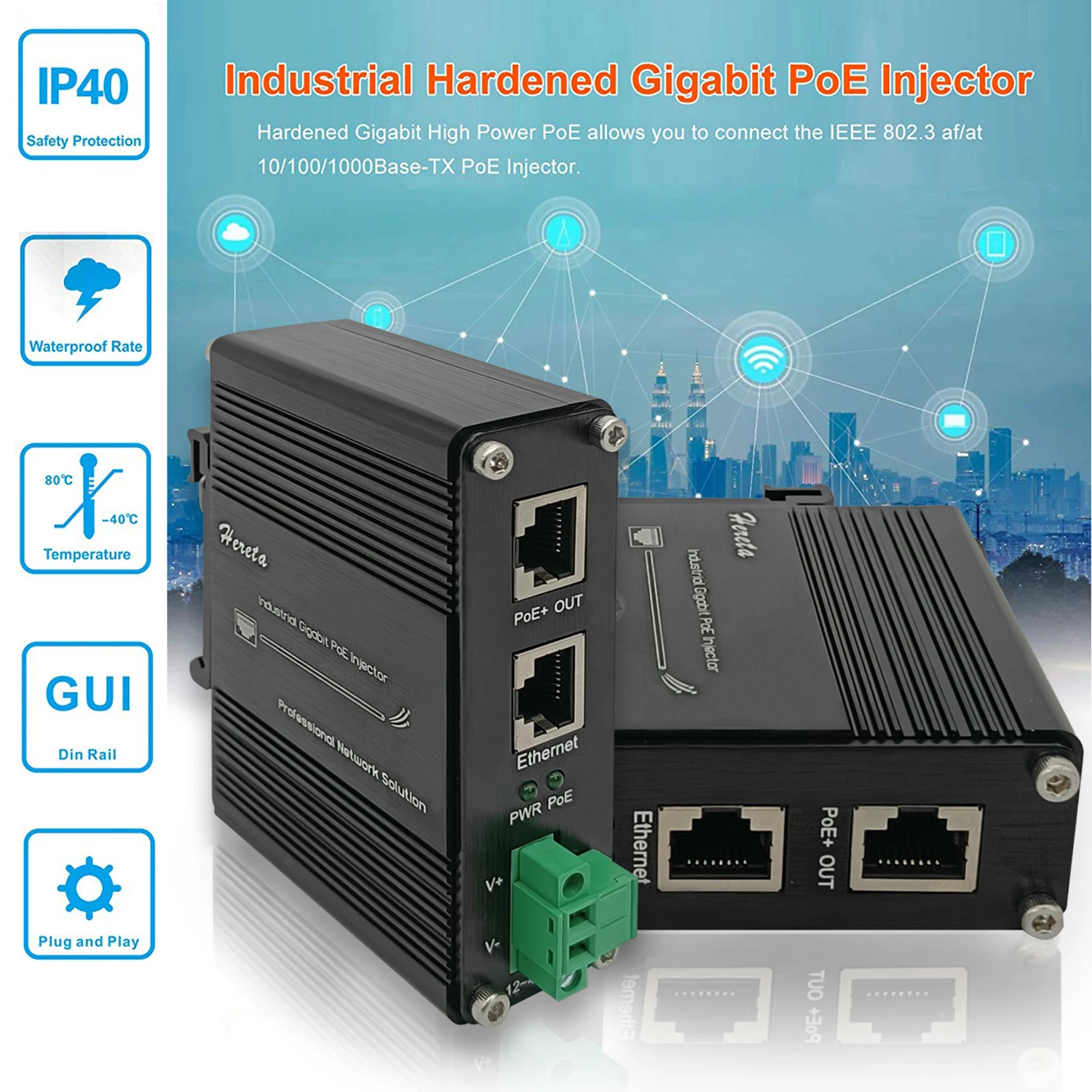산업용 30W/60W 2.5/5/10 기가비트 PoE 인젝터 IEEE802.3 af/at 10/100/1000Mbps 이더넷 PoE 인젝터 DIN 레일 벽걸이형