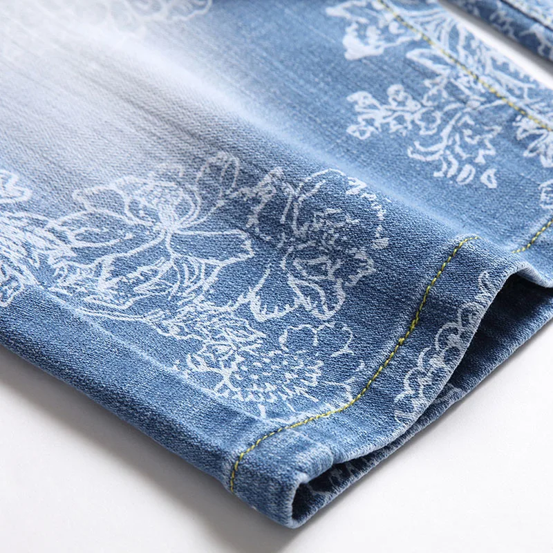 Summer New Men's Denim Shorts Classic Style Flower Printing Blue Fashion Casual Slim Fit Short Jeans Male Cotton Shorts
