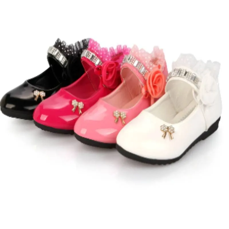 Children's Shoes For Girl Spring New Princess Lace Leather Shoes Fashion Cute Bow Rhinestone Wedding Shoes Student Party Dance