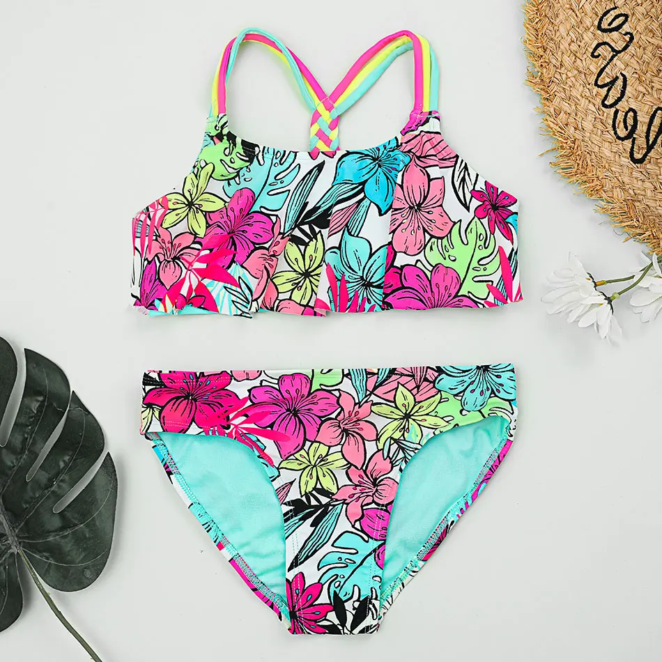 Floral Girl Swimsuit Kids Flounce Two Piece Children's Swimwear 5-18 Years Teenage Girl Bikini Set Girls Bathing Suit Beachwear girls swimsuit