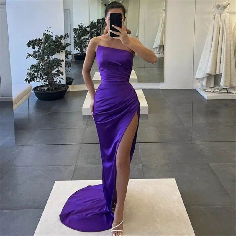 

Fancy Bridesmaid Dresses Sleeveless Side Slit Sweep Train Silk Satin Mermaid Bridesmaid Dresses With Lace Up Back 2024