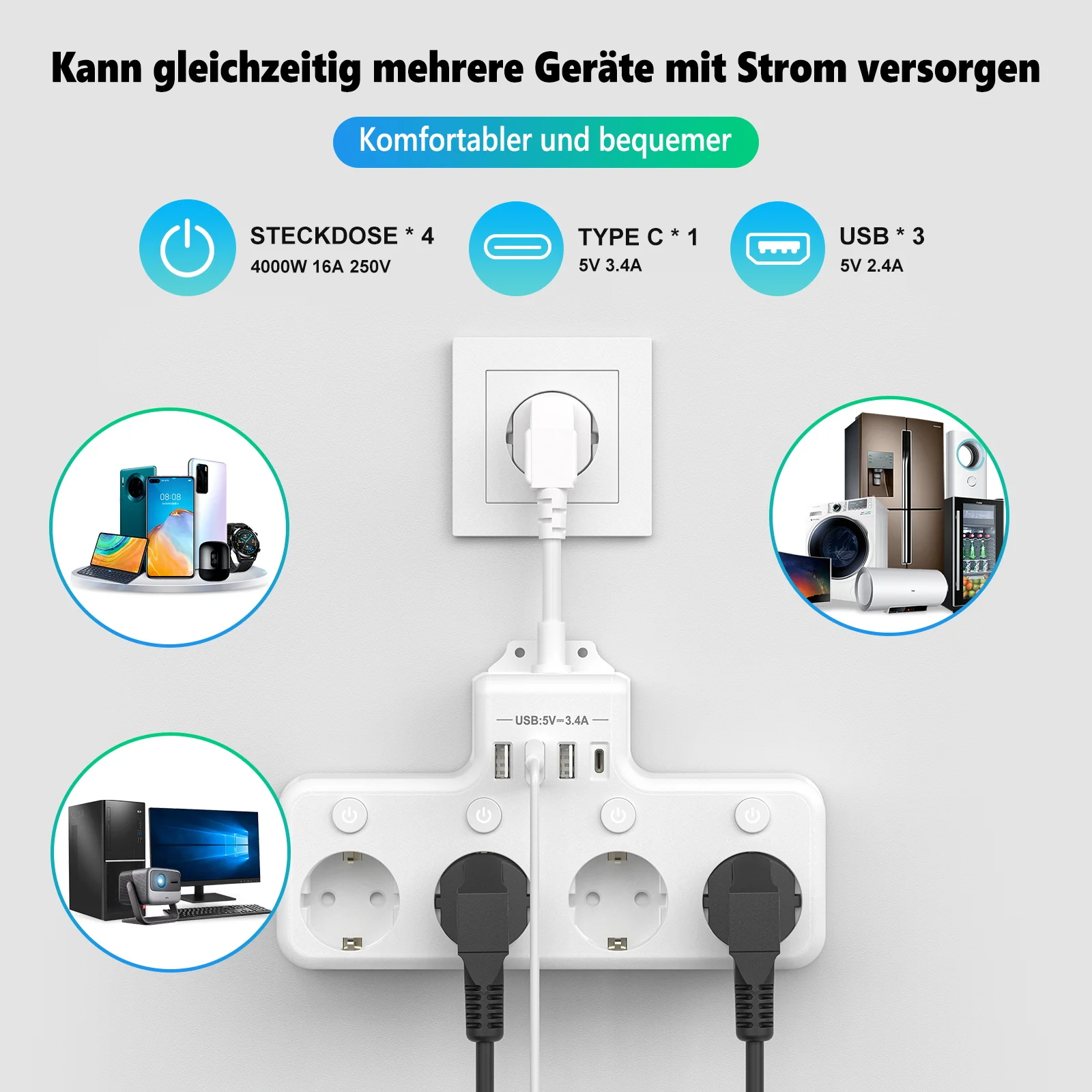 EU Plug Power Strip Multiple Socket with Individual switch 4 AC Outlets 4 USB Wall Socket Surge Protector