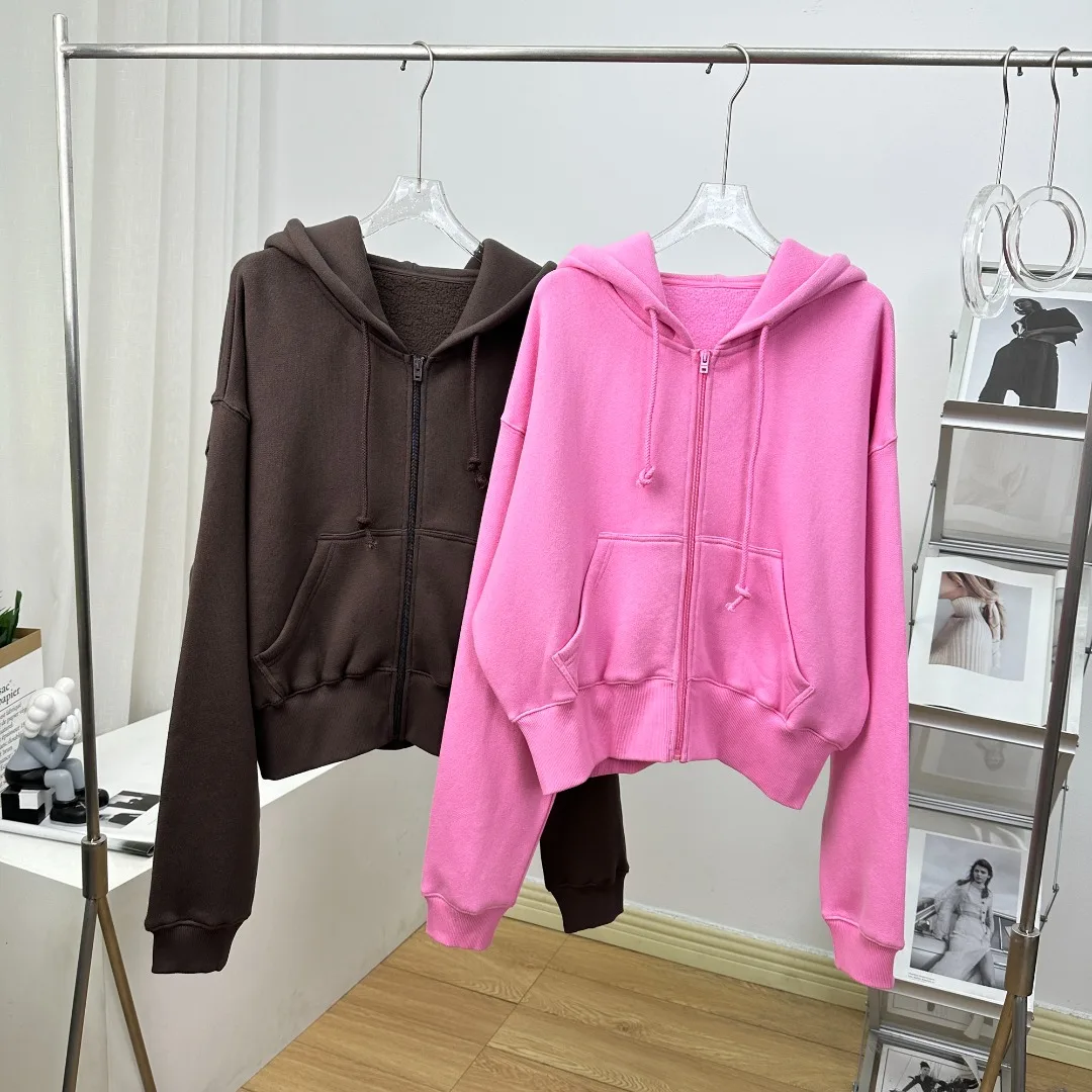 

Women Cotton Hooded Cardigan Hat Trim Letter Printed Casual Zipper Sweatshirt