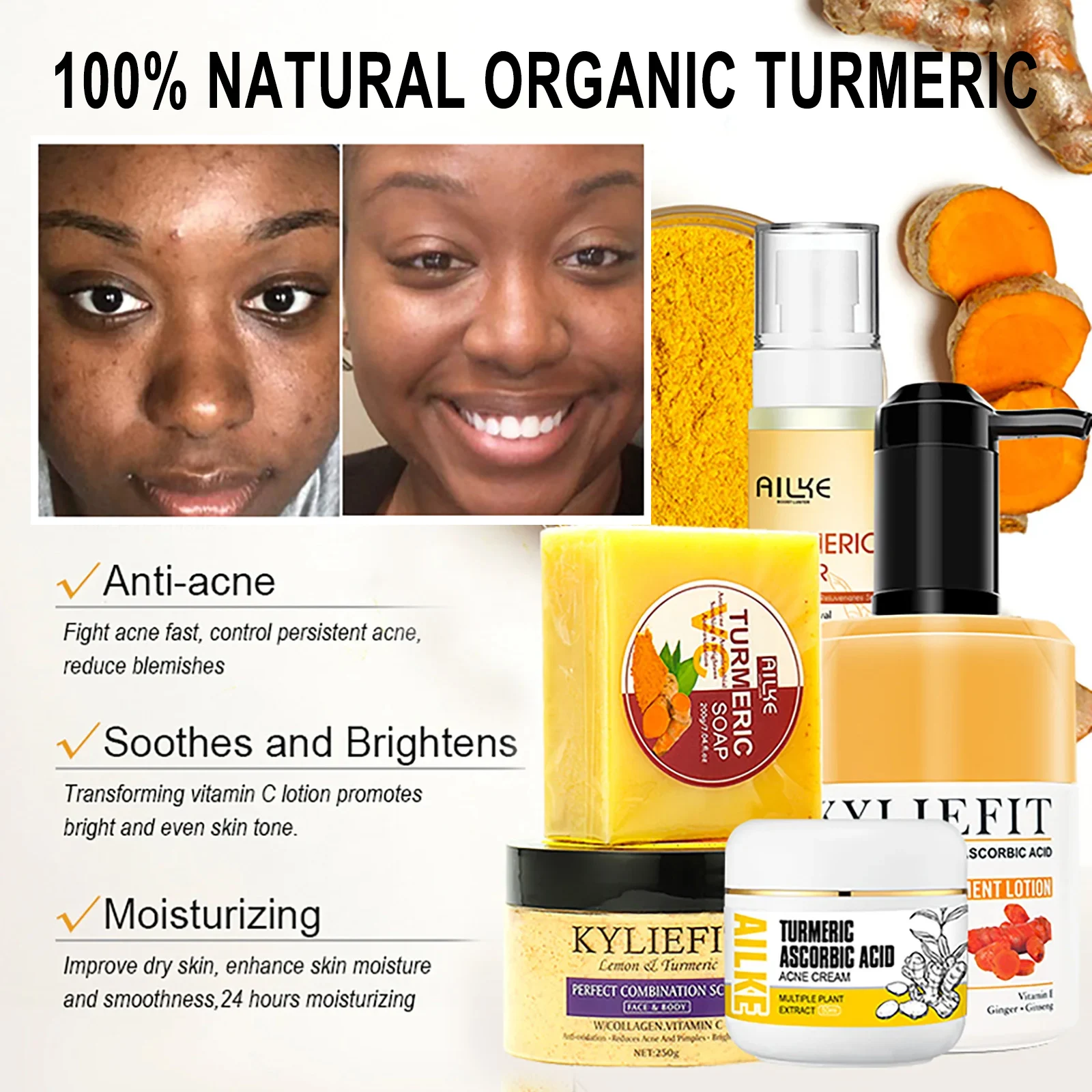 AILKE Natural Turmeric Skin Care Range, Lightening, Cleaning Skin, Moisturizes, Remove Acne and Pimples, Refining Pores 6