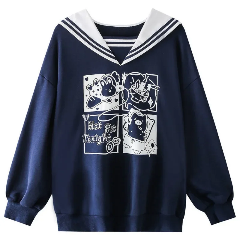 Kawaii Navy Collar JK Sweatshirts Sweet Girl Cartoon Printed Loose Leisure Pullovers Autumn Winter Women Cute Fashion Chic Tops