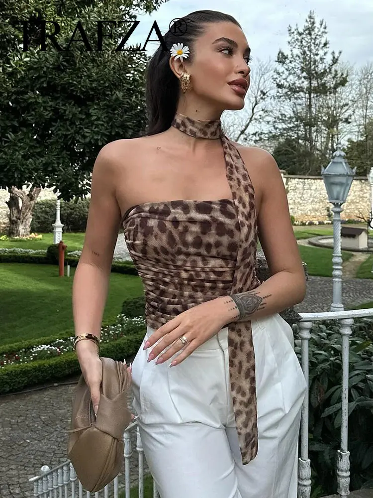 HH Women's 2024 Summer Sexy Halterneck Off-Shoulder Tube Fashion Sleeveless Leopard Print Vintage Y2K Tulle Causal Chic Tops