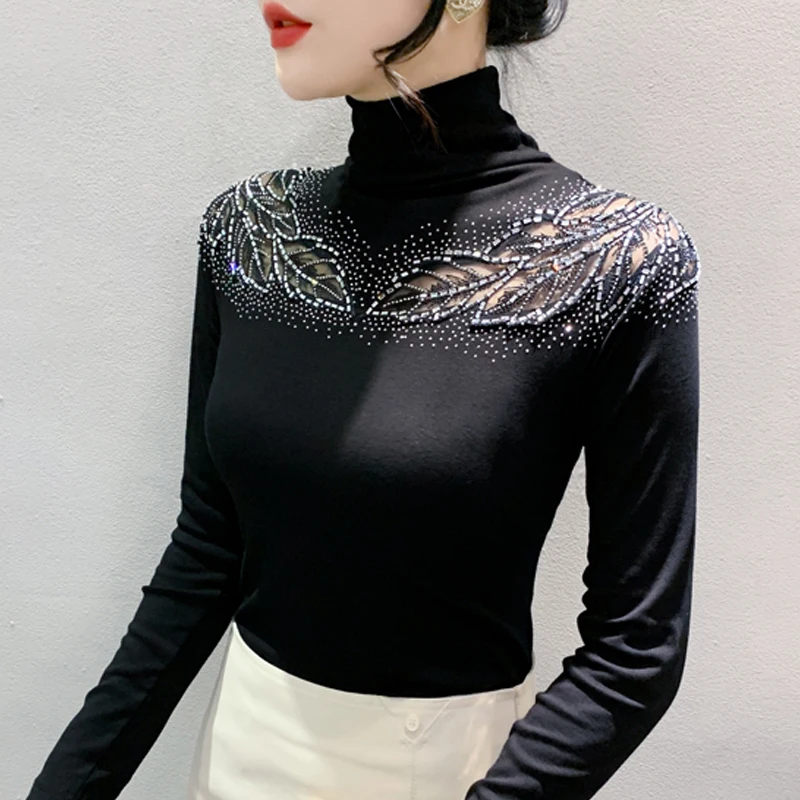

New High Collar Women Tops Fashion Diamond Long Sleeve T shirt Slim Fit Autumn Witner Black Bottoming Shirt