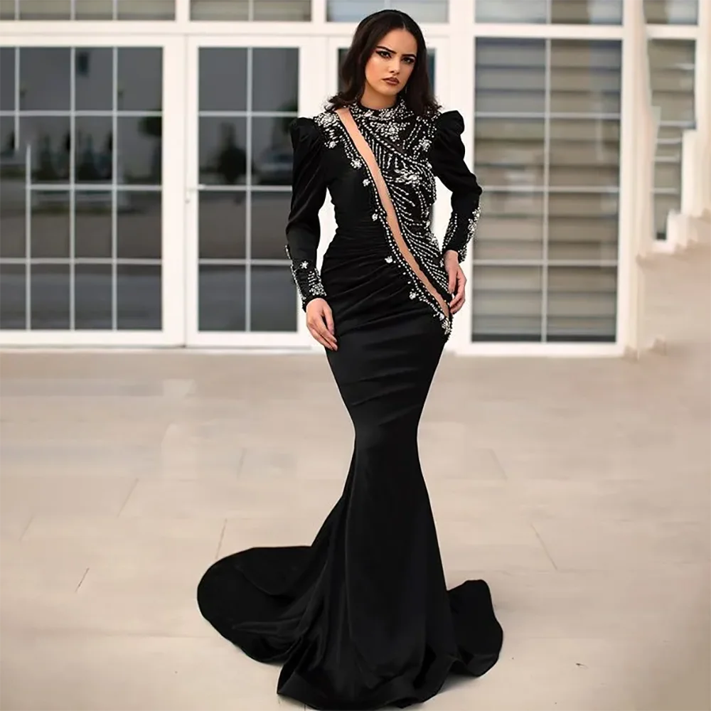 

Beading Black Mermaid Evening Dresses High Collar Long Sleeve Crystal Beading Prom Gowns Mermaid Formal Fashion Party Dress