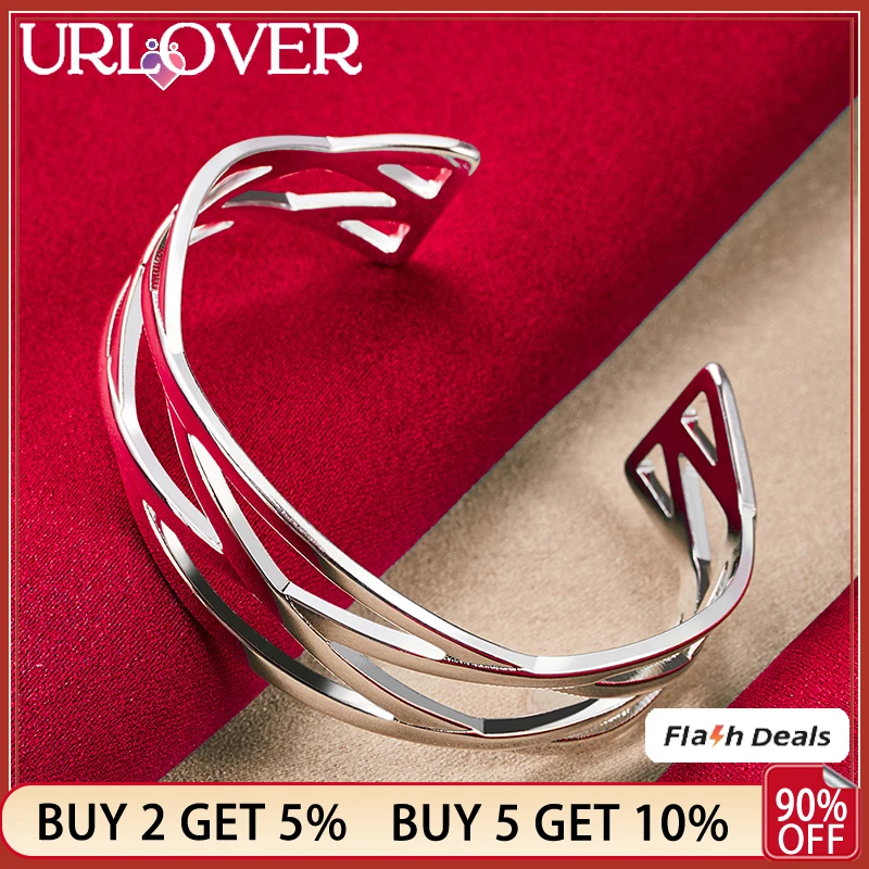 

URLOVER 925 Sterling Silver Interwoven Adjustable Bangle For Women Man Bangles Fashion Charm Engagement Wedding Party Jewelry