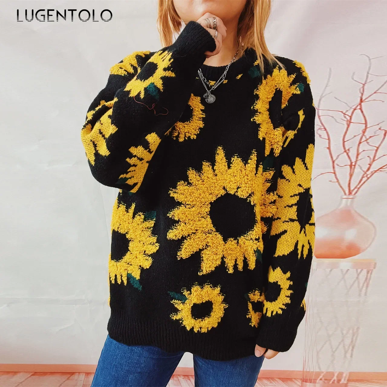 

Women Sunflower Sweaters New Autumn Winter O-neck Long Sleeve Lady Casual Loose Knitted Pullover Clothing Lugentolo