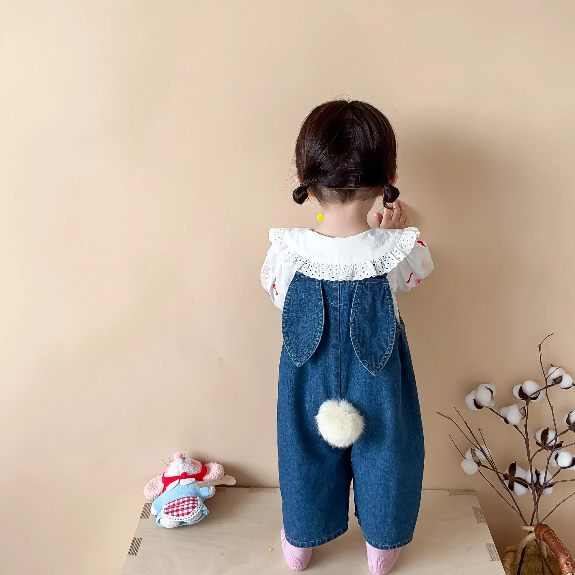 Cute Baby Girls Overalls 0-24 Months Kid Bunny Ear Ball Loose Denim Jumpsuit Suspender Pants Jeans Outwear Spring Autumn Clothes