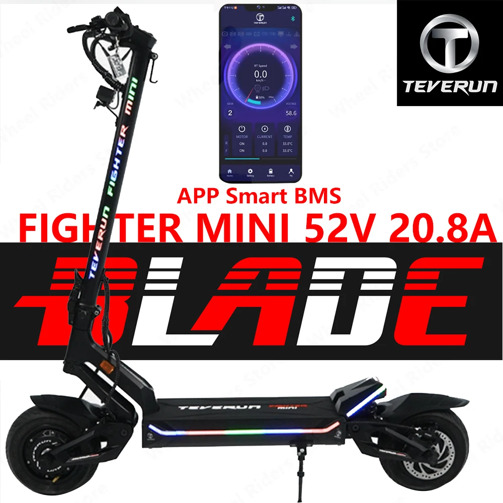Upgrade TEVERUN FIGHTER MINI 52V 20.8A 2000W Electric Scooter 10inch Tire Hydraulic Brake Teverun APP Smart BMS