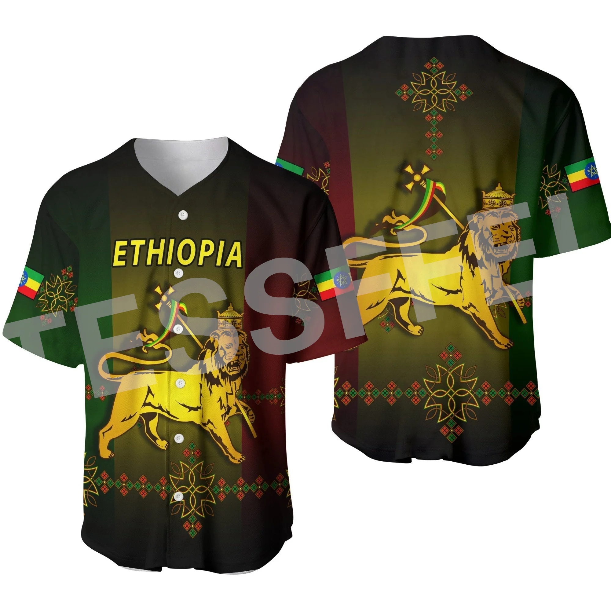 Africa County Flag Ethiopia Rasta Reggae Lion Tattoo 3DPrint Summer Harajuku Casual Funny Baseball Jersey Shirts Short Sleeves A