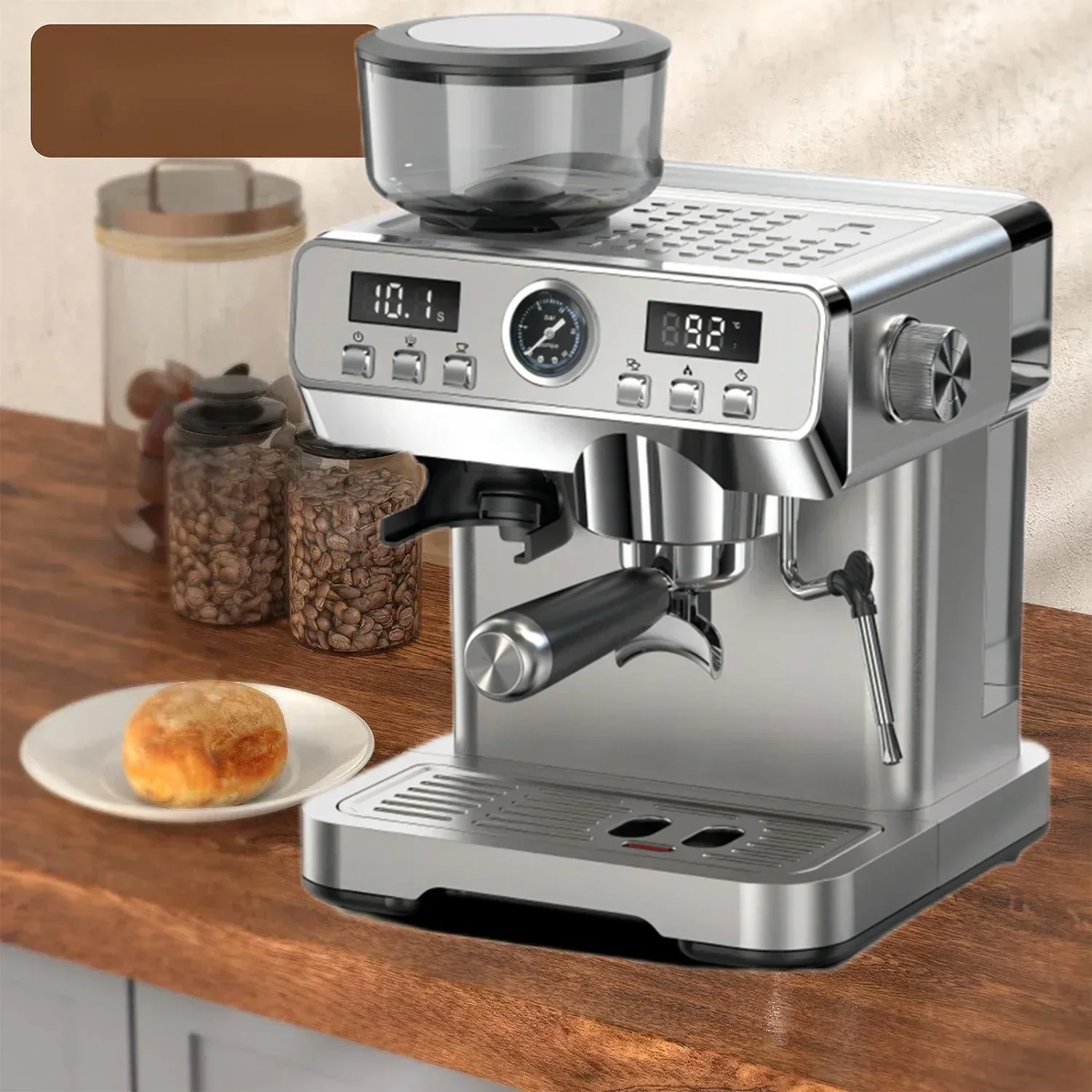 Professional 20-Bar Pressure Pump Stainless Steel Semi Automatic Espresso Coffee Machine with Pressure Gauge and Display