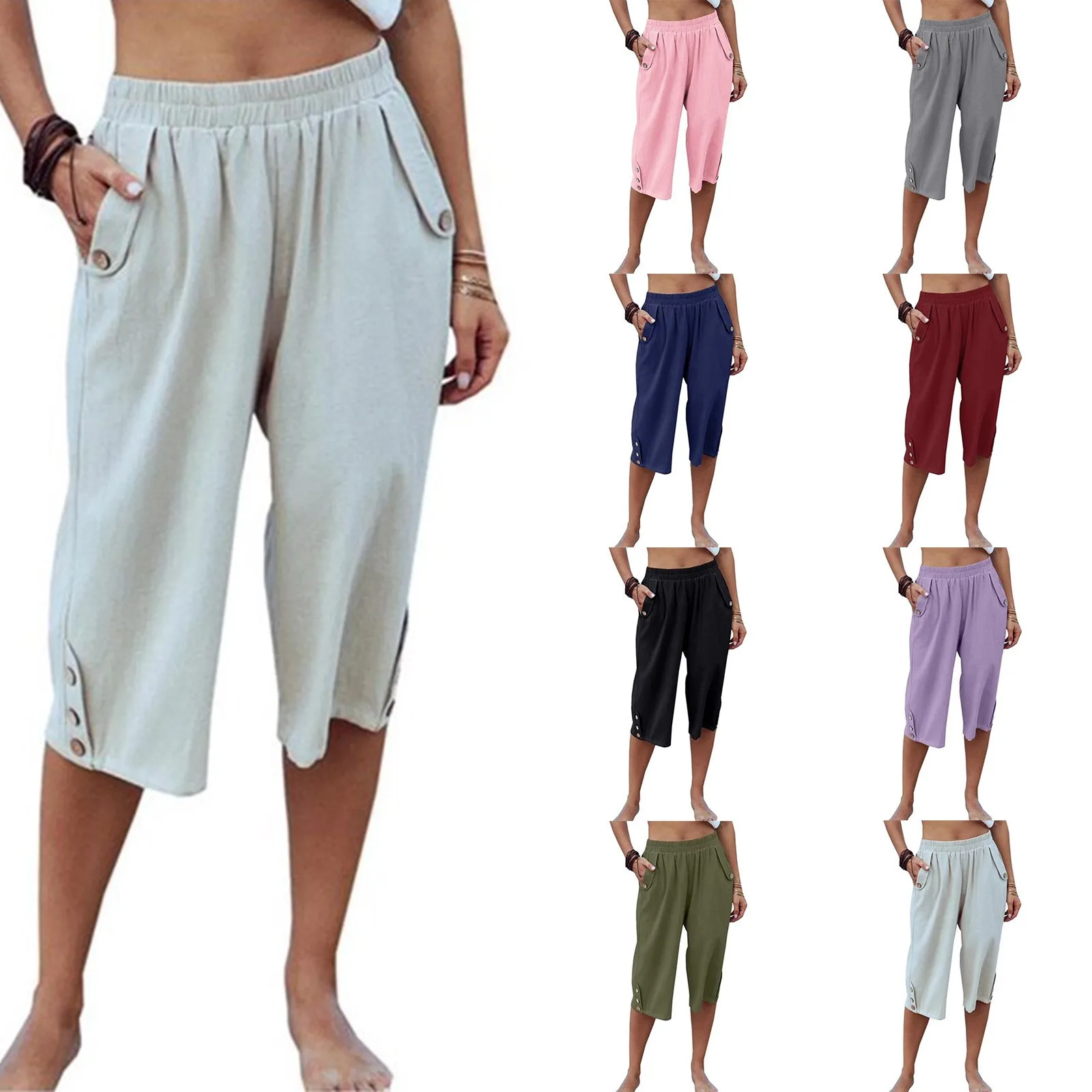 

Women'S Comfortable Solid Color Athleisure Cropped Pants Summer Linen Loose Women'S Pants Sports Leisure Pants For Women