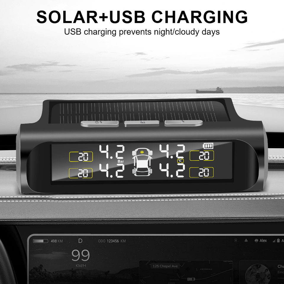 Solar Power 2025 External Sensor Tyre Pressure Digital LCD Display Auto Security Alarm Car TPMS Tyre Pressure Monitoring System