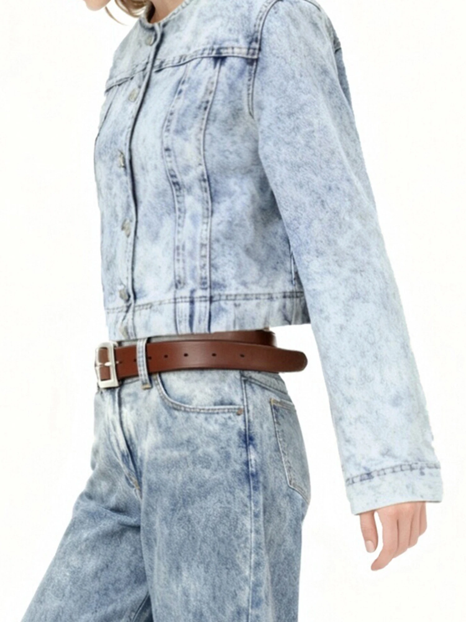 Women s Denim Jacket with Long Sleeves and Round Neckline in Solid Color Featuring Button Down Closure and  Fit Design for