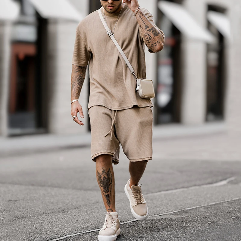 

2023 Casual Short Sleeve O Neck Pullover Tops And Drawstring Shorts Two Piece Suit Men Clothing Summer Fashion Solid Tracksuit