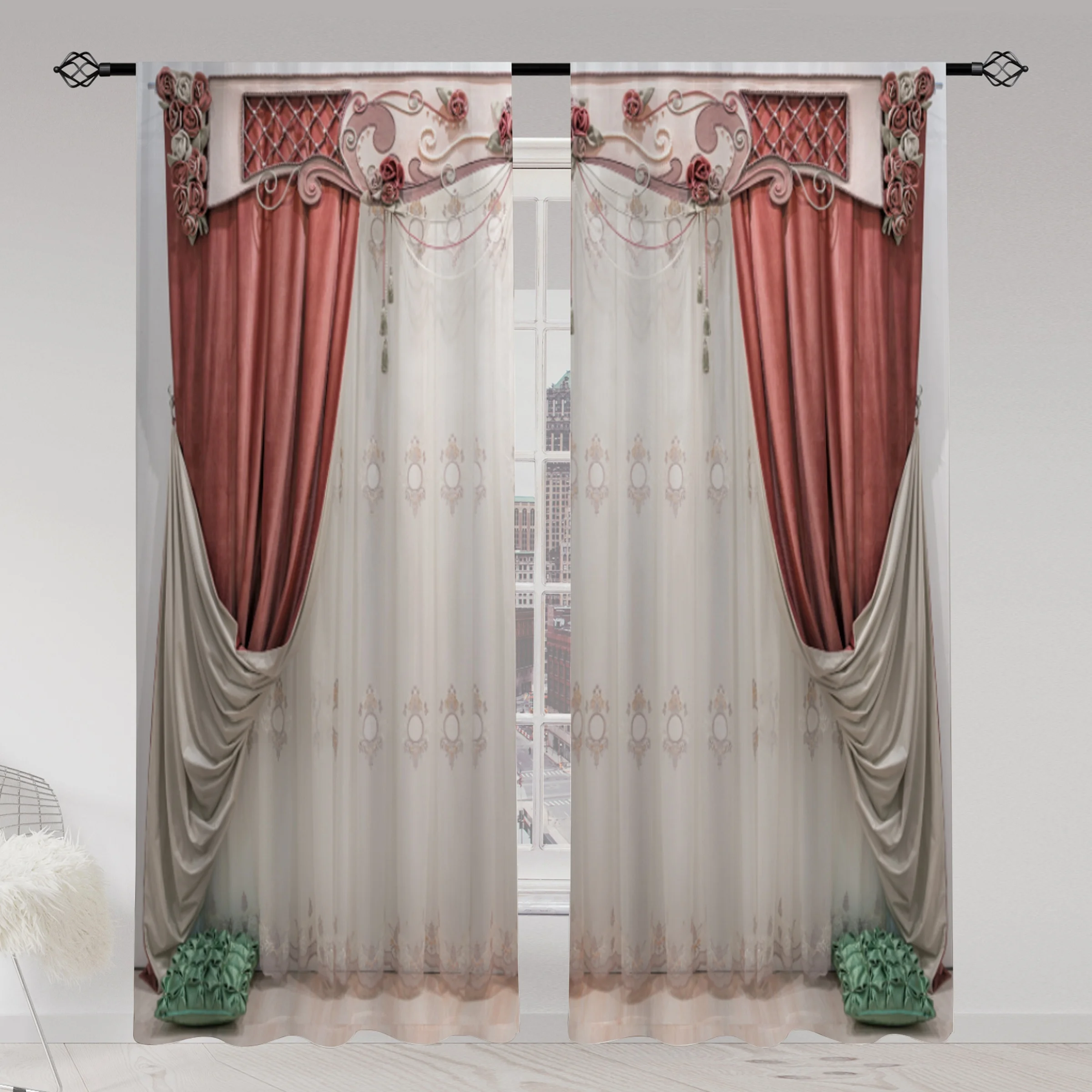 2pcs European Style Retro 3D Printed Translucent Curtains Multi-scene Polyester Rod Pocket Decorative Curtains For Living Room 2