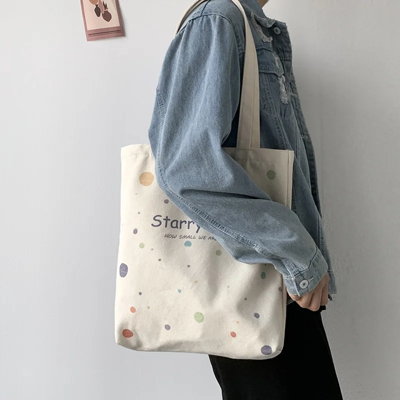 Casual Canvas Bag Starry Sky Pattern Fashion Zipper Tote Bag Trendy Shoulder Bags For Women Large Capacity Schoolbags