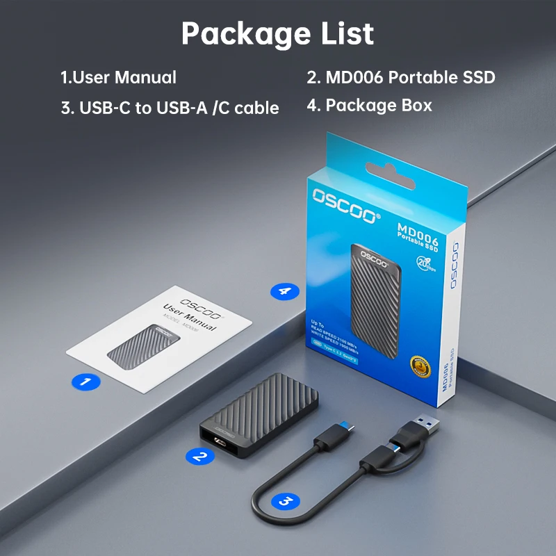 OSCOO 2100 메가바이트/초 TypeC USB3.2 휴대용 SSD 1 테라바이트 2 테라바이트 고속 솔리드 스테이트 드라이브 노트북 전화 용 20Gbps 외부 스토리지 PSSD