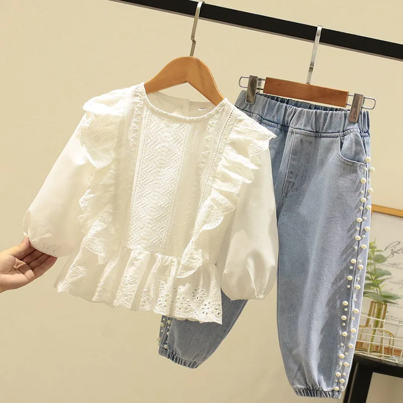 

Fall Girls Casual Set New Little Girl Fashion Lace Lace Top + Pearl Jeans Two Piece Sets Kids Party Long Sleeve Cotton Clothes