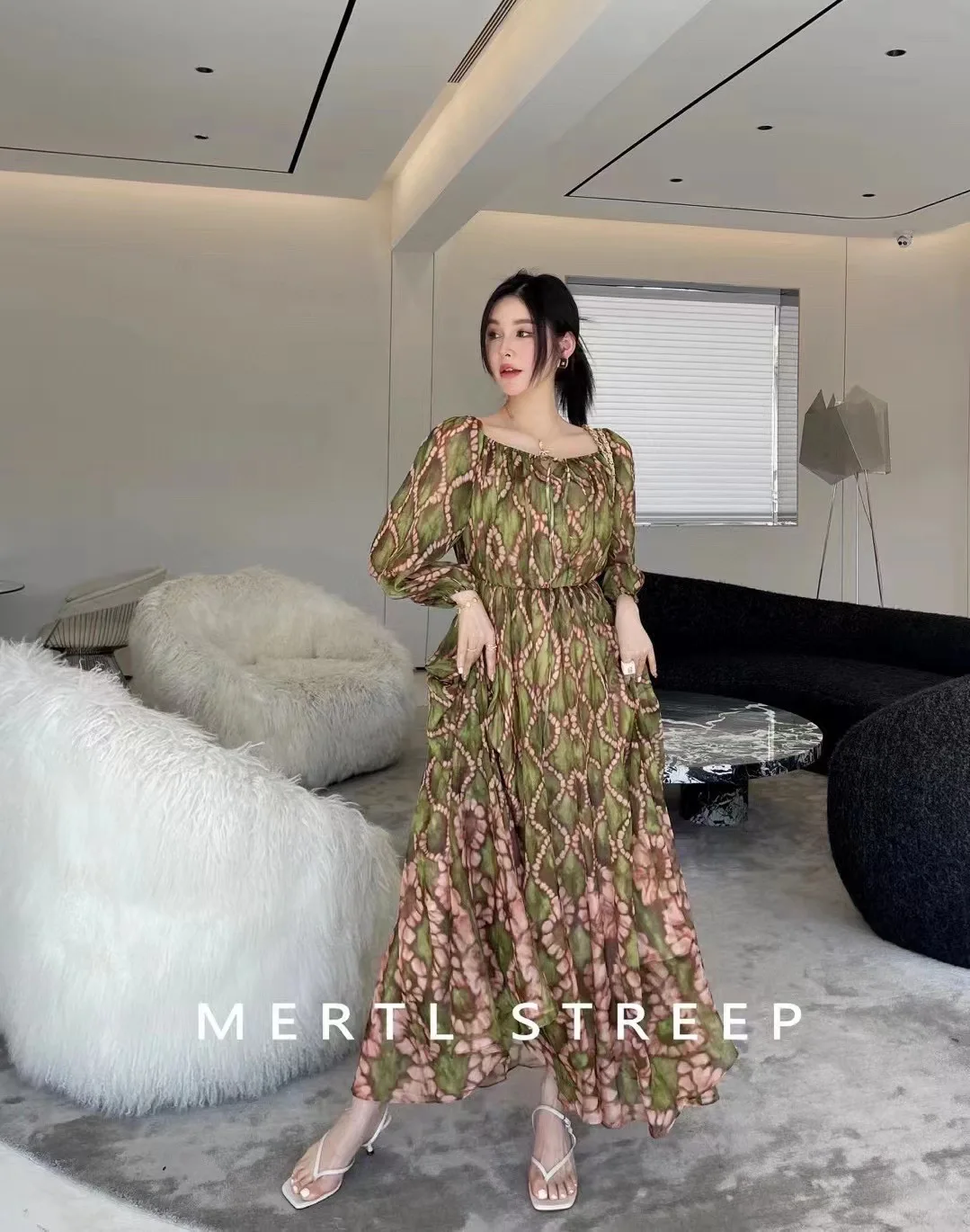 

Summer pure silk lightweight printed chiffon maxi dress