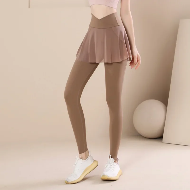 Women's Two-Piece Illusion leggings Autumn/Winter High-Waisted Push-Up Sports Running Tight Dance Skirt Anti-Exposure Quick-Dry