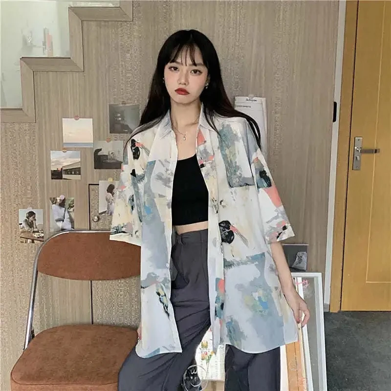 프린트 셔츠 여름 여성 티셔츠 루즈 블라우스 십대를위한 귀여운 탑스 반소매 미적 의류 Vintage Korean Fashion