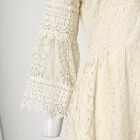 Womens Lace Casual Loose Dress V Neck Hollow Lace Flare Sleeve Dresses Plus Size White Dress Female Vintage Casual Beach Dresses - Image 3