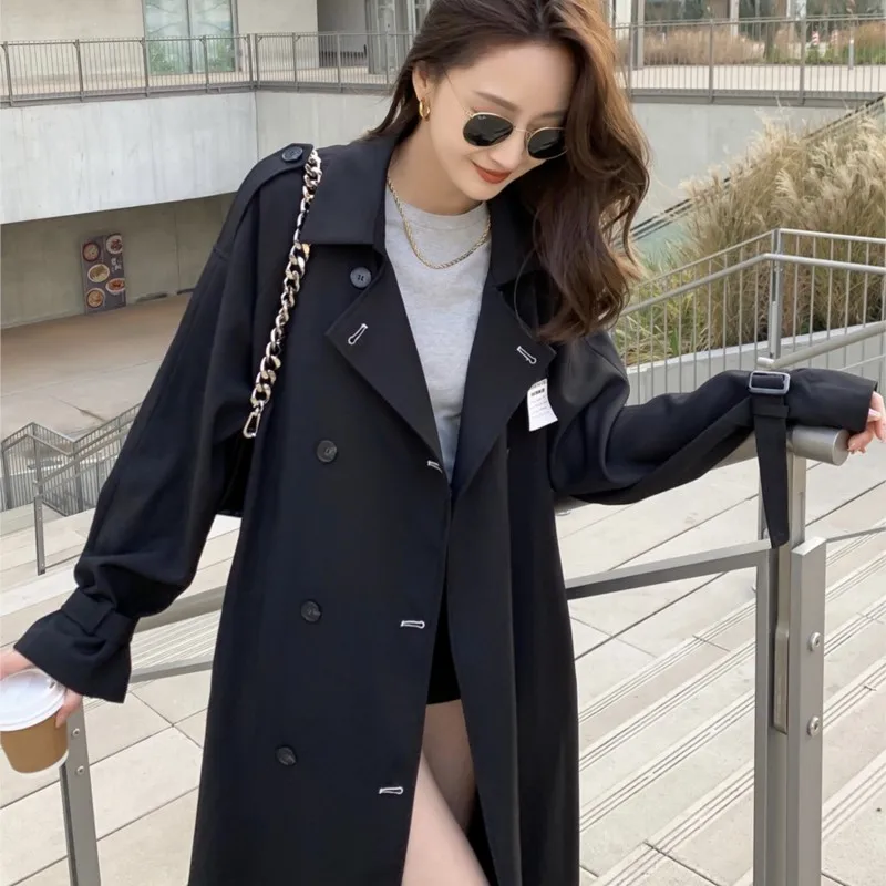 Black Windbreaker Women's Coat New Korean Style Versatile Mid-Length Small Design Overcoat