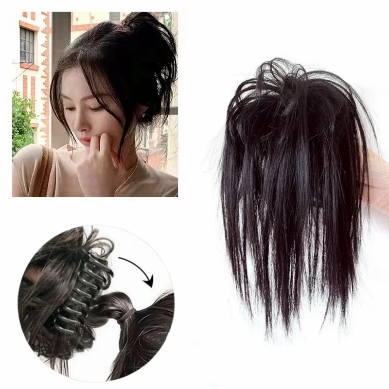 Anemone Human Nautral Hair Messy Straight Hair Buns Tail Claw Clip In Extension Chignon Updo Cover Hairpiece for Women 30g